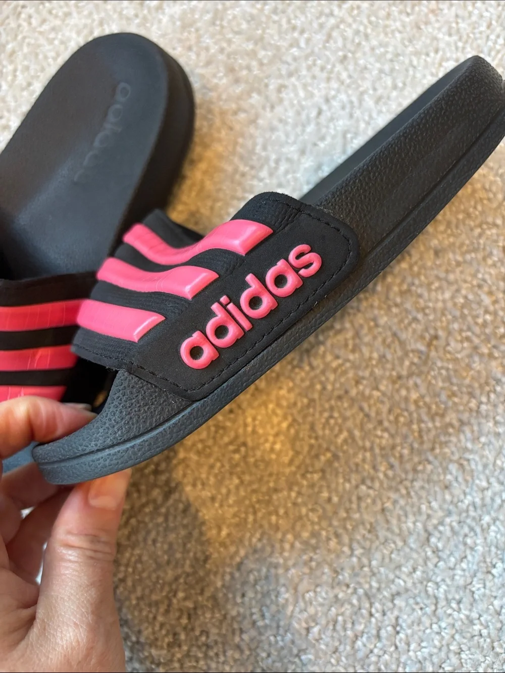 adidas Kids Black Slides with Pink Stripes